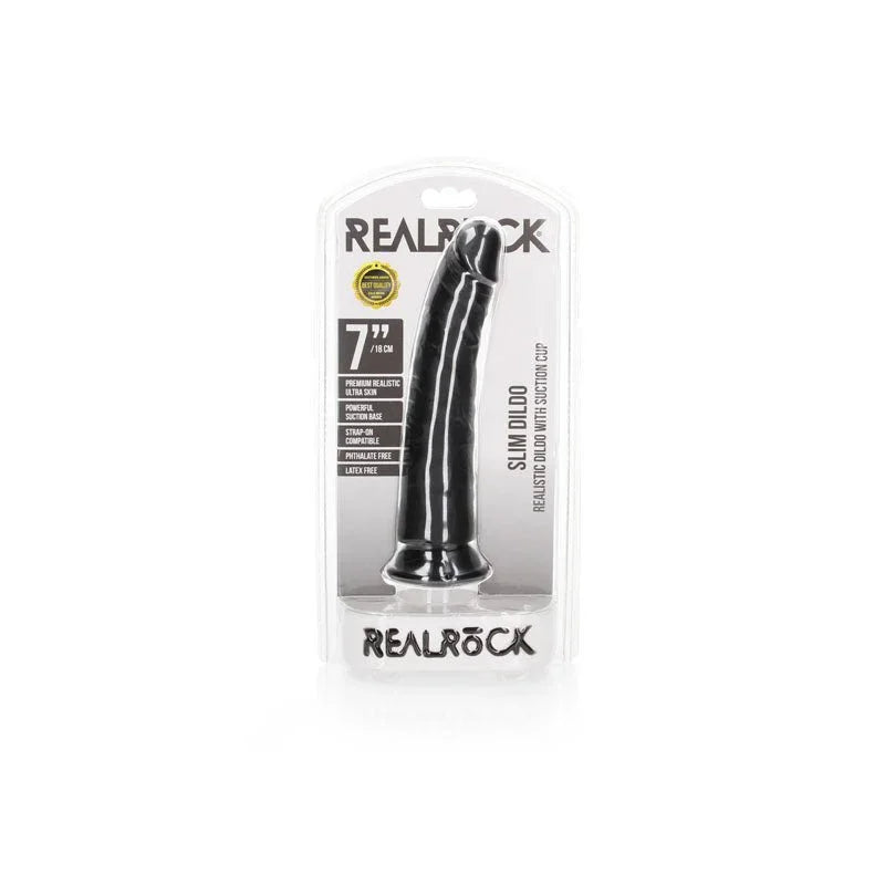 REALROCK 18 cm Realistic Slim Dildo in Black, front of the REALROCK Slim Dildo blister pack