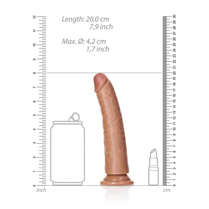 REALROCK 18 cm Realistic Slim Dildo in Tan, scale diagram beside a drink can and lipstick