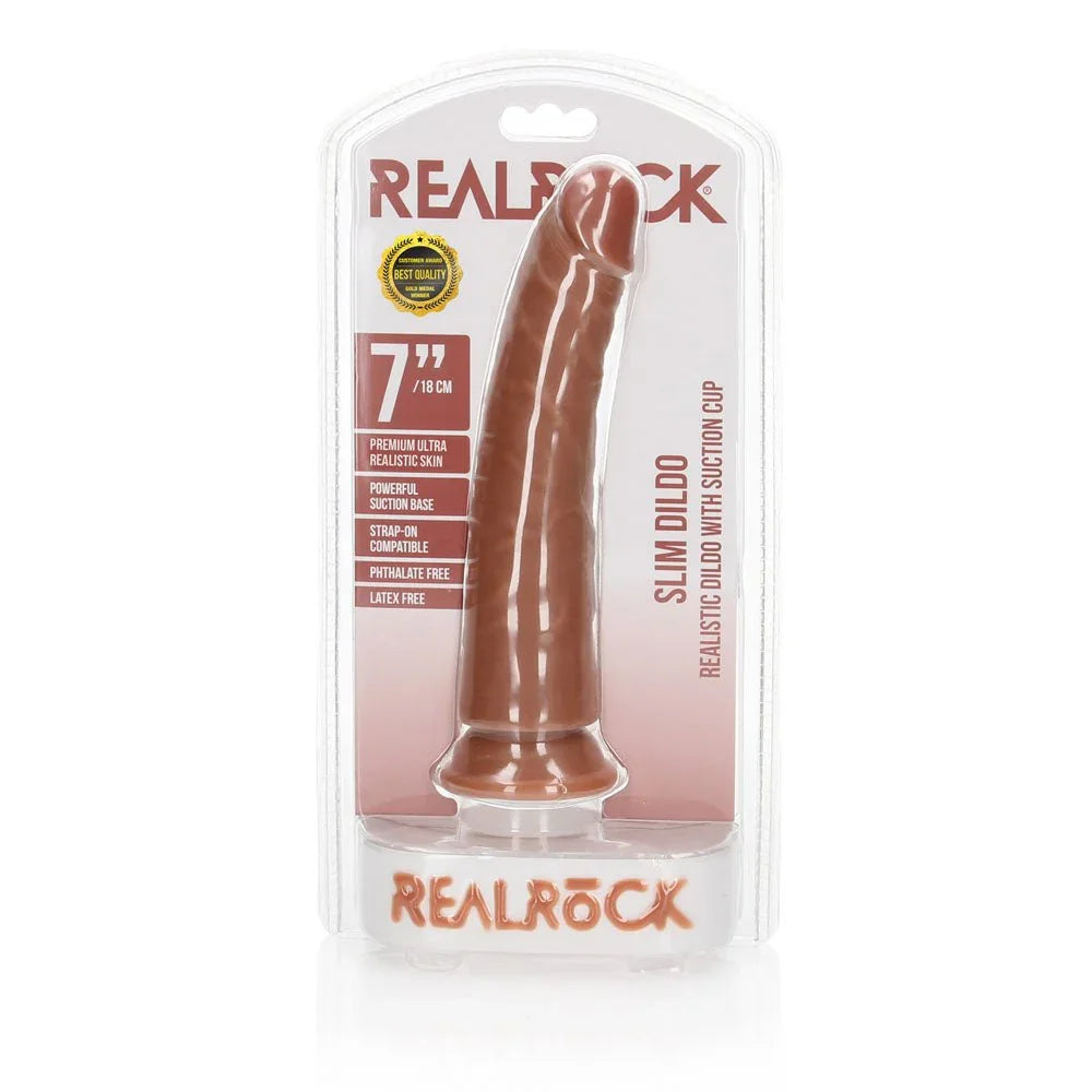 REALROCK 18 cm Realistic Slim Dildo in Tan, front of the REALROCK Slim Dildo blister pack