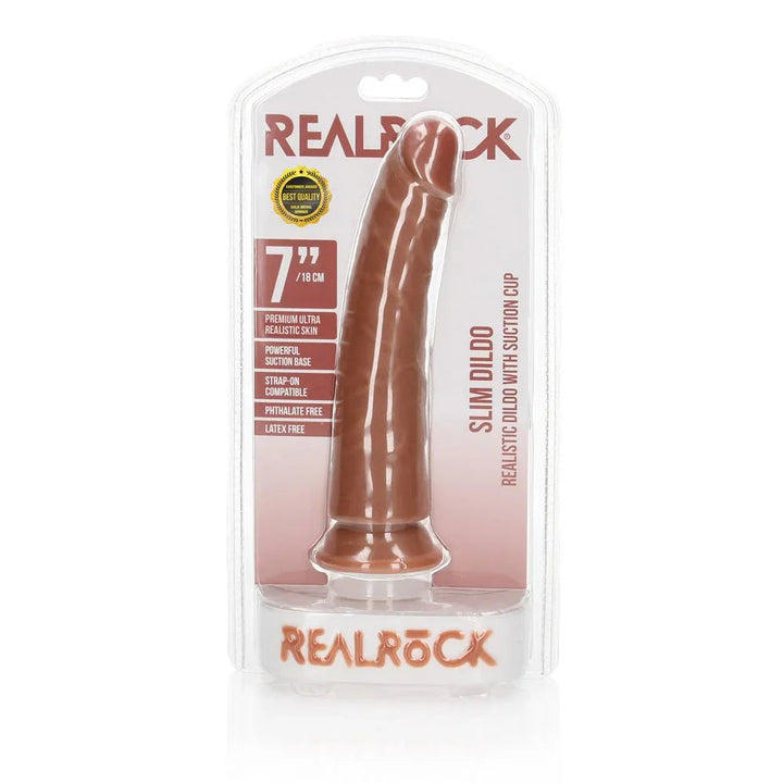 REALROCK 18 cm Realistic Slim Dildo in Tan, front of the REALROCK Slim Dildo blister pack