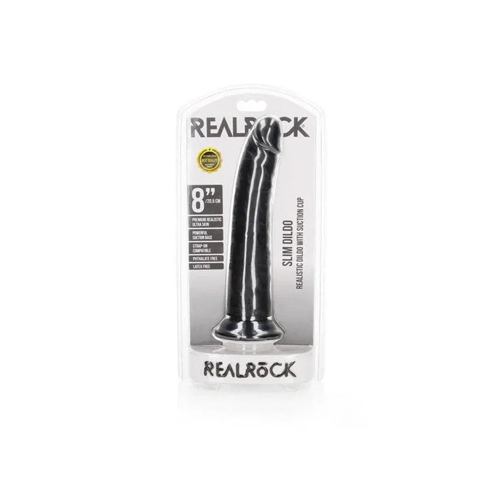 REALROCK 20.5 cm Realistic Slim Dildo in Black, front of the REALROCK Slim Dildo blister pack