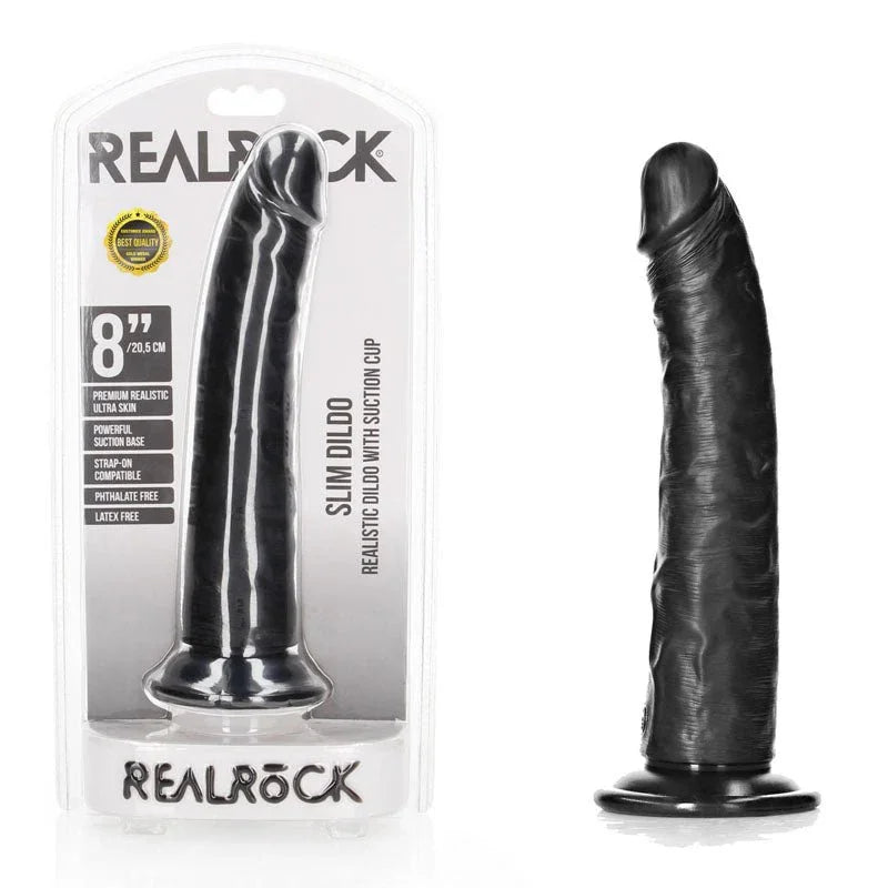 REALROCK 20.5 cm Realistic Slim Dildo in Black, blister pack beside the slim dildo on its suction base