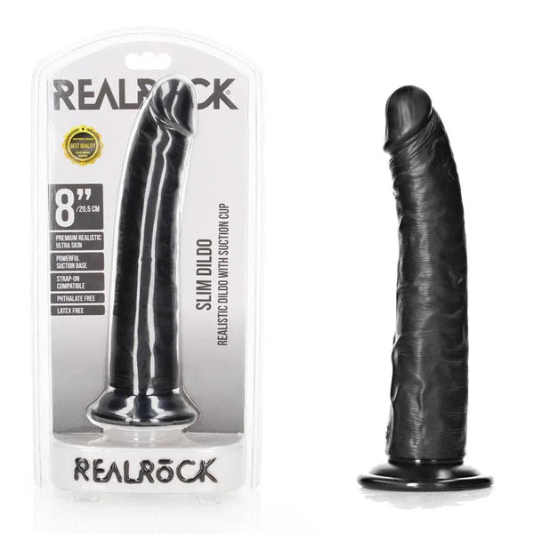REALROCK 20.5 cm Realistic Slim Dildo in Black, blister pack beside the slim dildo on its suction base