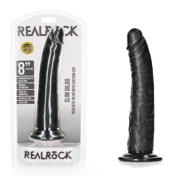 REALROCK 20.5 cm Realistic Slim Dildo in Black, blister pack beside the slim dildo on its suction base