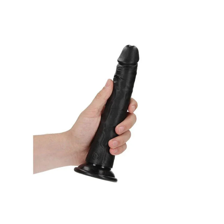 REALROCK 20.5 cm Realistic Slim Dildo in Black, held in one hand to show its length