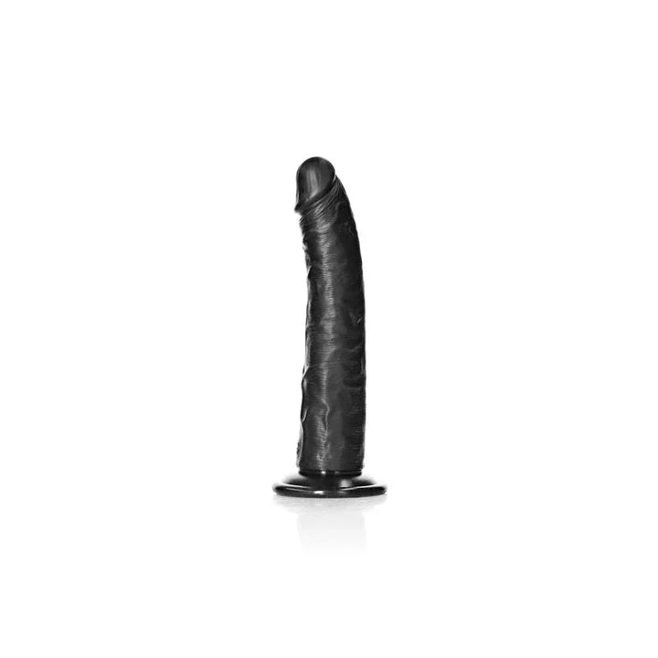 REALROCK 20.5 cm Realistic Slim Dildo in Black, side view standing on the suction base