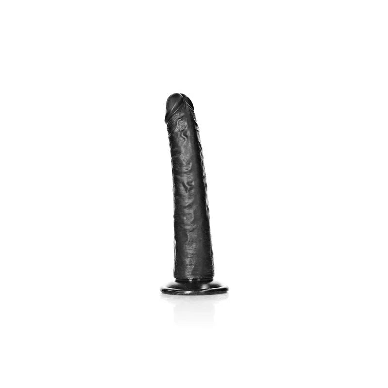 REALROCK 20.5 cm Realistic Slim Dildo in Black, three-quarter view standing upright on white
