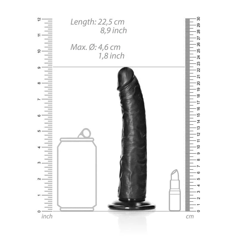REALROCK 20.5 cm Realistic Slim Dildo in Black, scale diagram beside a drink can and lipstick