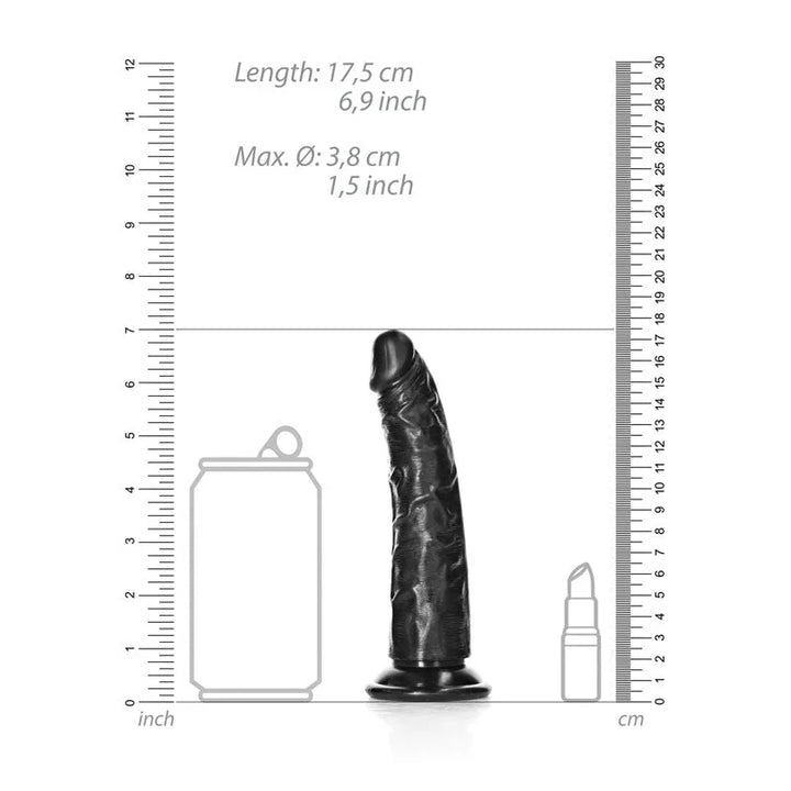 REALROCK 15.5 cm Realistic Slim Dildo in Black, scale diagram beside a drink can and lipstick