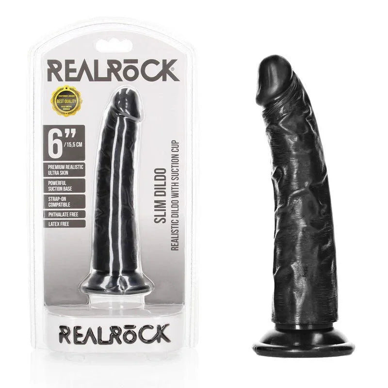 REALROCK 15.5 cm Realistic Slim Dildo in Black, blister pack beside the slim dildo on its suction base