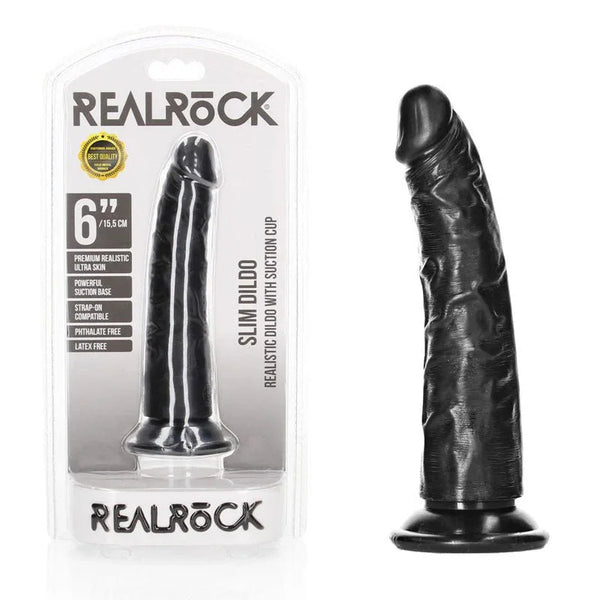 REALROCK 15.5 cm Realistic Slim Dildo in Black, blister pack beside the slim dildo on its suction base