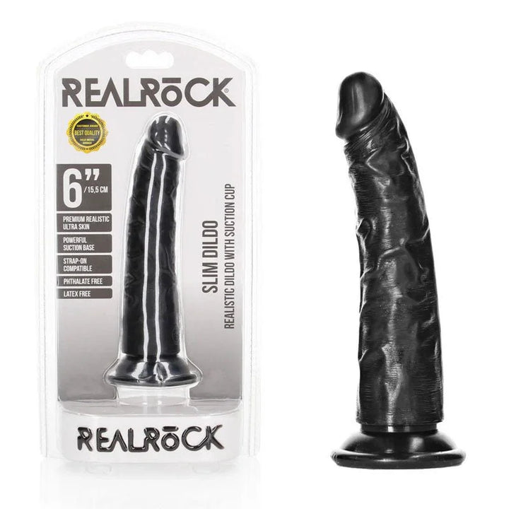 REALROCK 15.5 cm Realistic Slim Dildo in Black, blister pack beside the slim dildo on its suction base