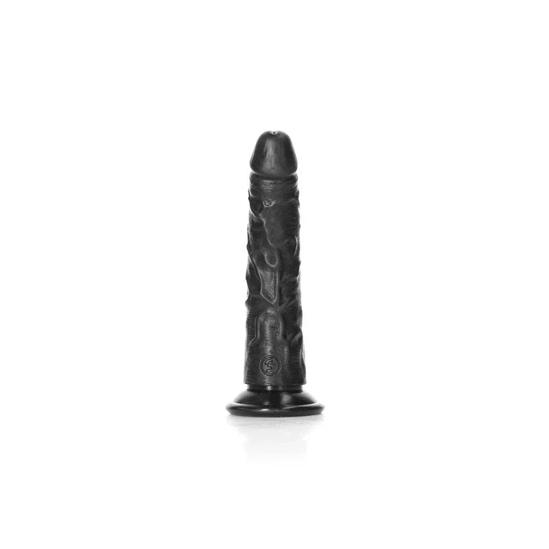 REALROCK 15.5 cm Realistic Slim Dildo in Black, front view standing upright on white