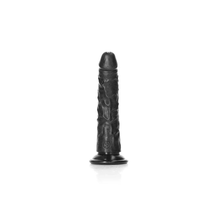 REALROCK 15.5 cm Realistic Slim Dildo in Black, front view standing upright on white