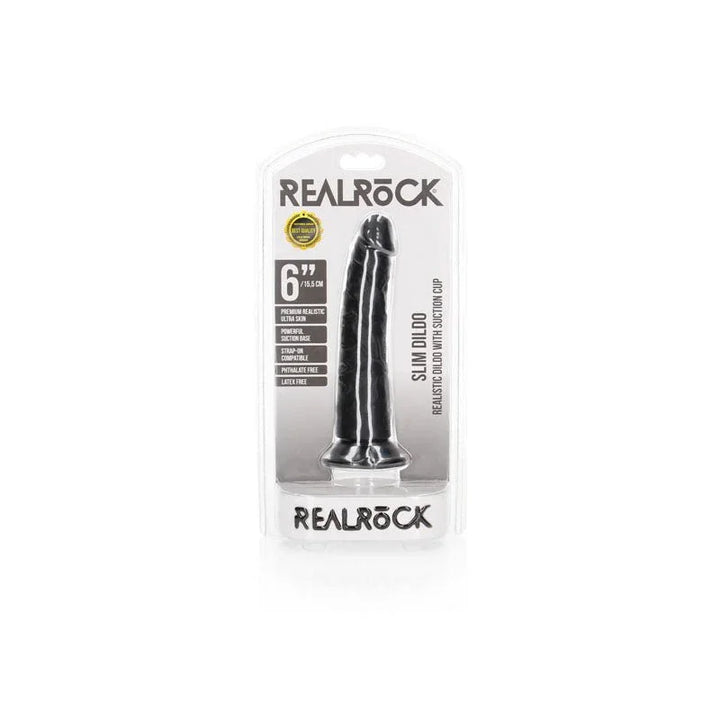 REALROCK 15.5 cm Realistic Slim Dildo in Black, front of the REALROCK Slim Dildo blister pack