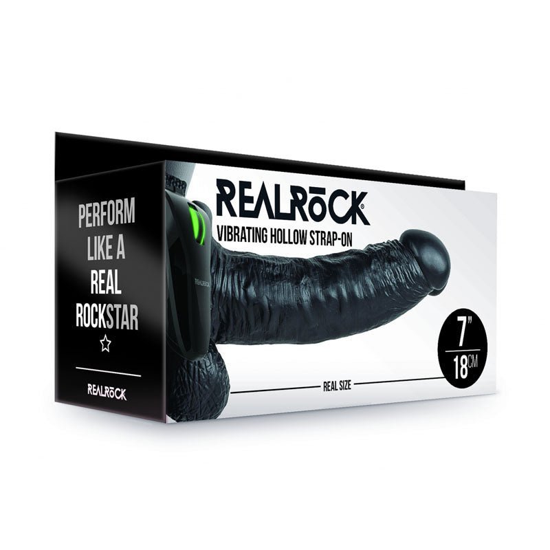 REALROCK Vibrating Hollow Strapon + Balls - 18cm Black - Black 18 cm Vibrating Hollow Strap - On – Sex toys NZ by Naughtyhut. Discreet delivery nationwide.