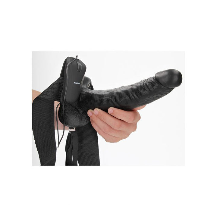 REALROCK Vibrating Hollow Strapon + Balls - 23cm Black - Black 23 cm Vibrating Hollow Strap - On – Sex toys NZ by Naughtyhut. Discreet delivery nationwide.