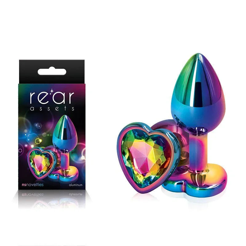 Rear Assets small metal butt plug in iridescent Multi Coloured with a rainbow heart gem