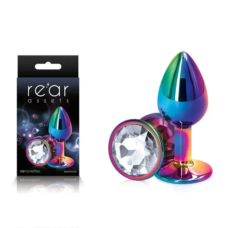 Rear Assets small metal butt plug in iridescent Multi Coloured with a clear round gem base