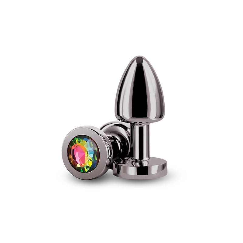 Rear Assets Petite - Gunmetal with Rainbow Gem - Gunmetal 6 cm Metal Butt Plug with Rainbow Round Gem Base – Sex toys NZ by Naughtyhut. Discreet delivery nationwide.