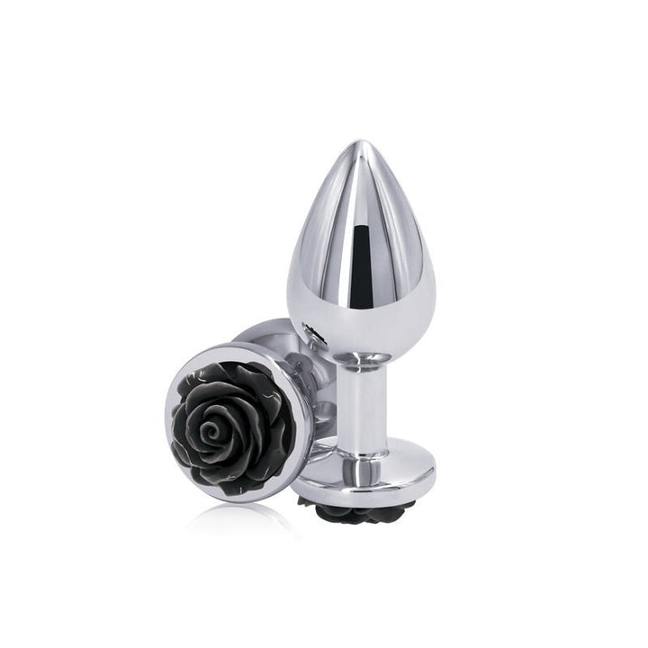 Rear Assets Rose - Medium - Chrome 8.9 cm Metal Butt Plug with Black Rose Base – Sex toys NZ by Naughtyhut. Discreet delivery nationwide.