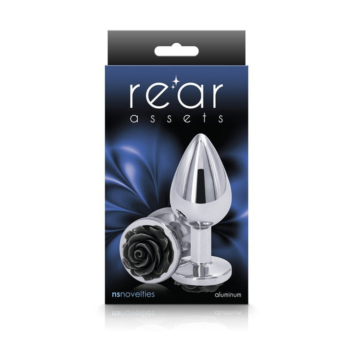 Rear Assets Rose - Medium - Chrome 8.9 cm Metal Butt Plug with Black Rose Base – Sex toys NZ by Naughtyhut. Discreet delivery nationwide.