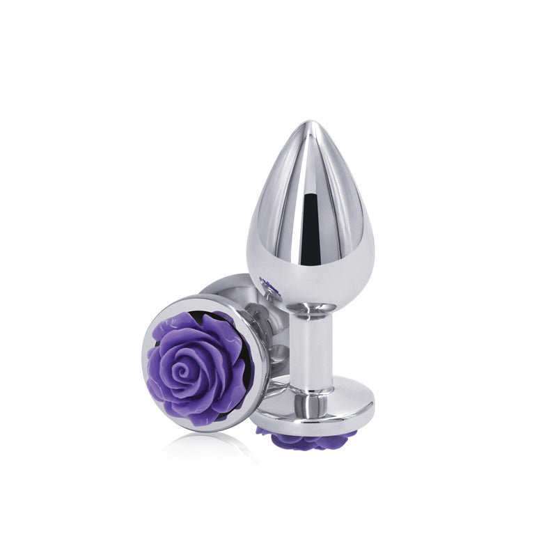 Buy Rear Assets Rose - Medium - Chrome 8.9 cm Metal Butt Plug with Purple Rose Base – Naughtyhut NZ sex toys online. Discreet delivery & top brands.