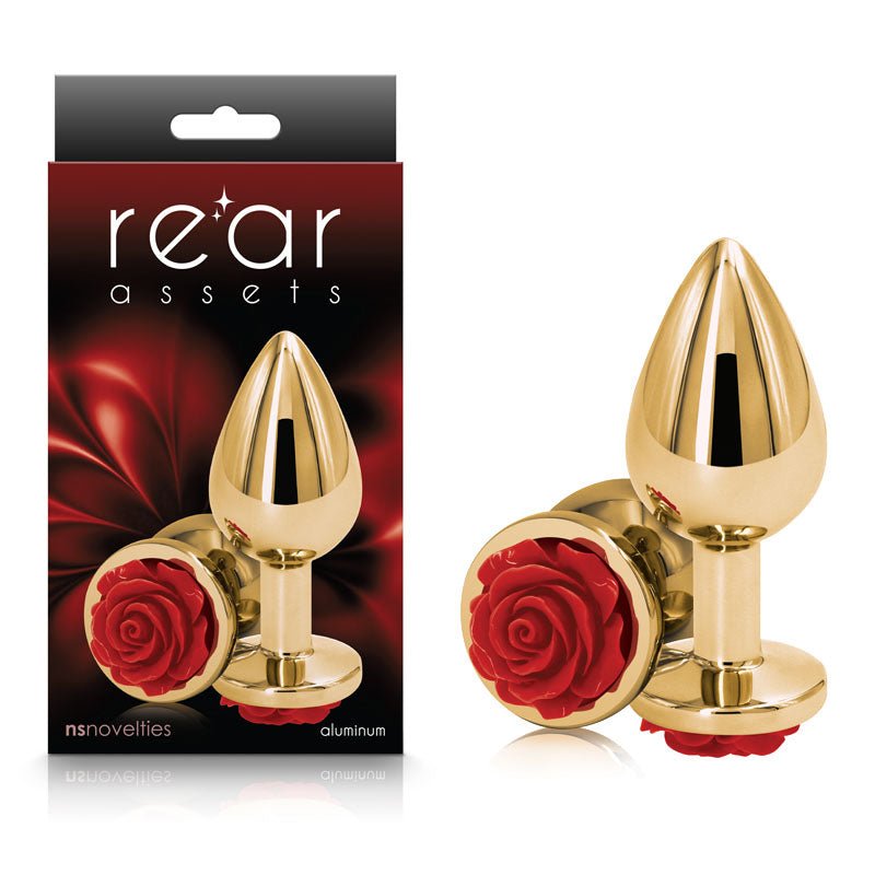 Rear Assets Rose - Medium - Gold 8.9 cm Metal Butt Plug with Red Rose Base – Sex toys NZ by Naughtyhut. Discreet delivery nationwide.