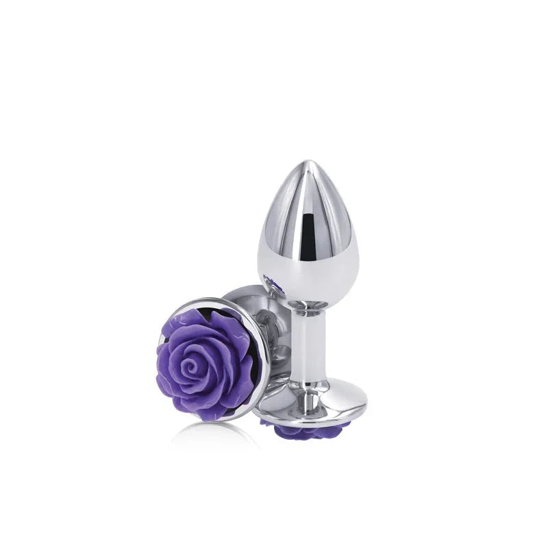 Rear Assets Rose plug in Chrome, upright and base-on views showing the purple rose