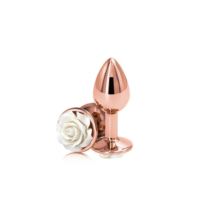 Rear Assets Rose plug in Rose Gold, upright and base-on views showing the white rose