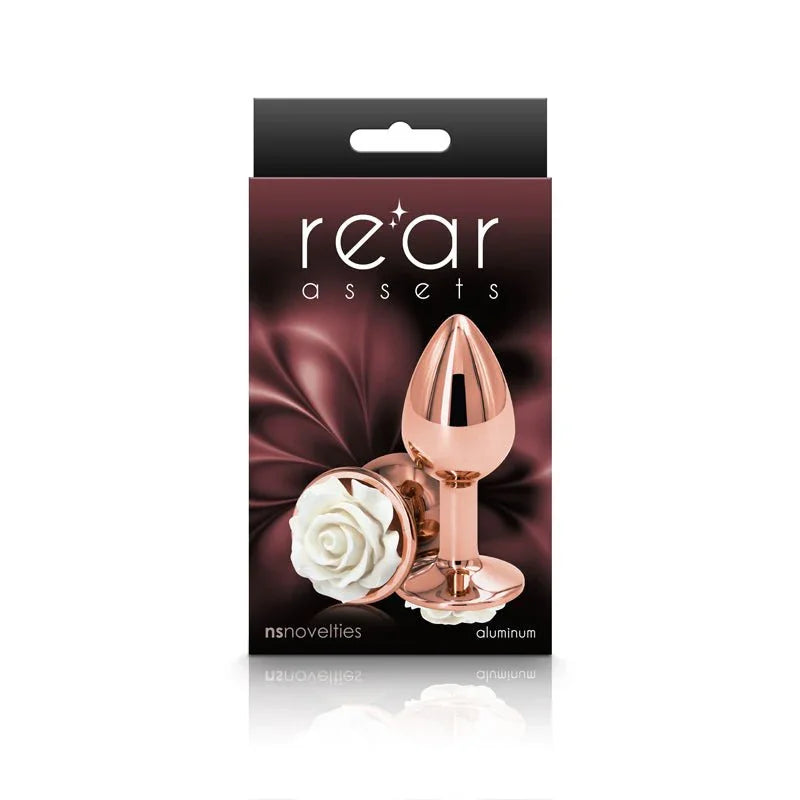 Rear Assets Rose retail box in burgundy, picturing the rose gold plug and white rose