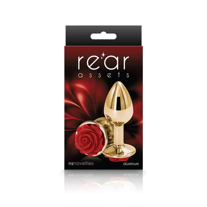 Rear Assets Rose retail box in red, picturing the gold plug and red rose base