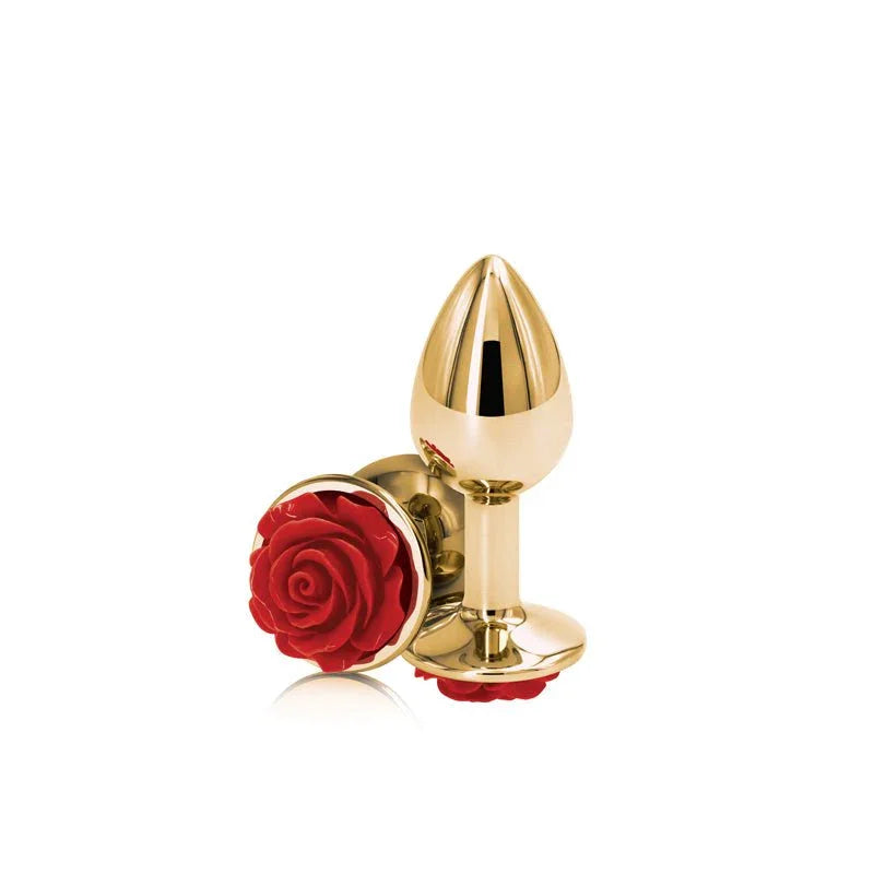 Rear Assets Rose plug in Gold, upright and base-on views showing the red rose