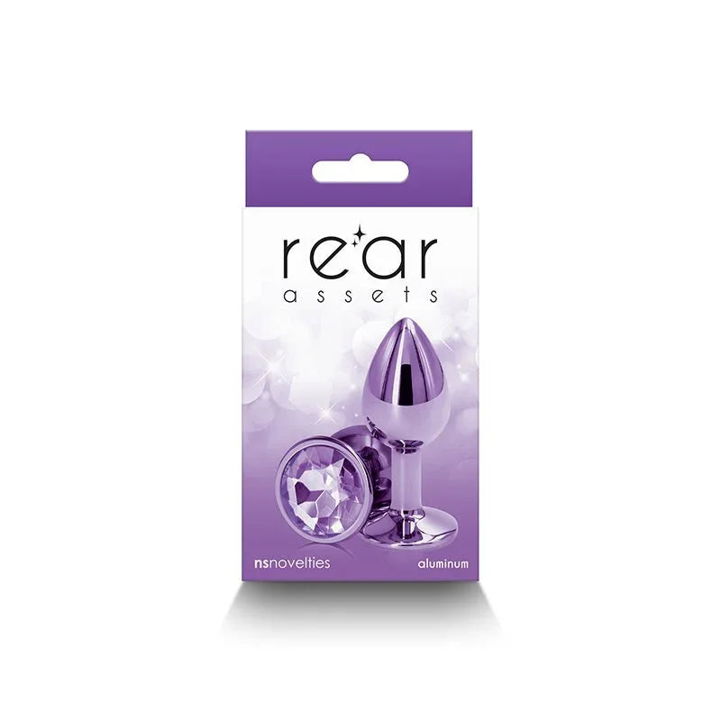Rear Assets retail box in purple, picturing the plug and its purple round gem base