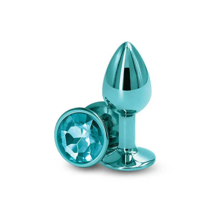 Rear Assets small metal butt plug in Teal, upright and base-on views on white