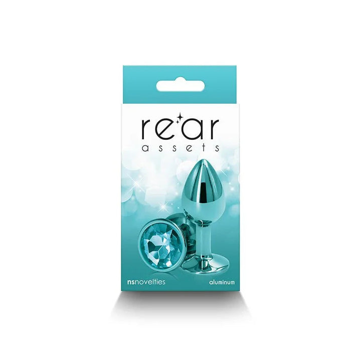 Rear Assets retail box in teal, picturing the plug and its teal round gem base