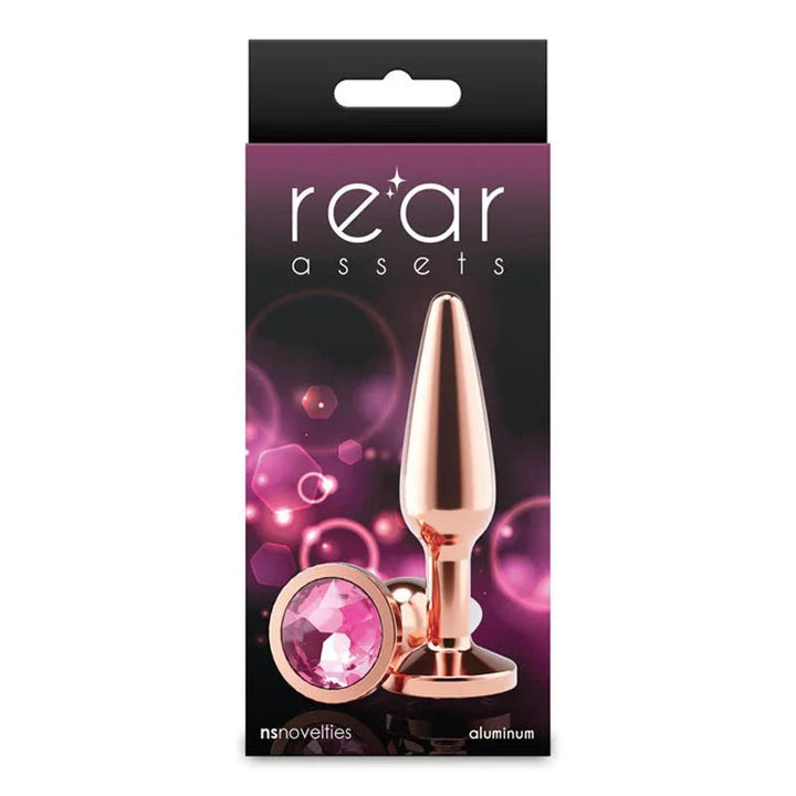 Rear Assets Tapered box in pink, rose gold plug with its pink gem base pictured