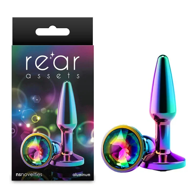 Rear Assets Tapered small plug in Multicolour with a rainbow gem base, beside its box