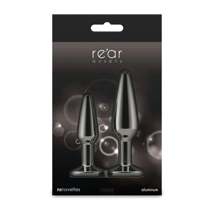 Rear Assets Tapered Trainer Kit box in black, two gunmetal plugs pictured on the card