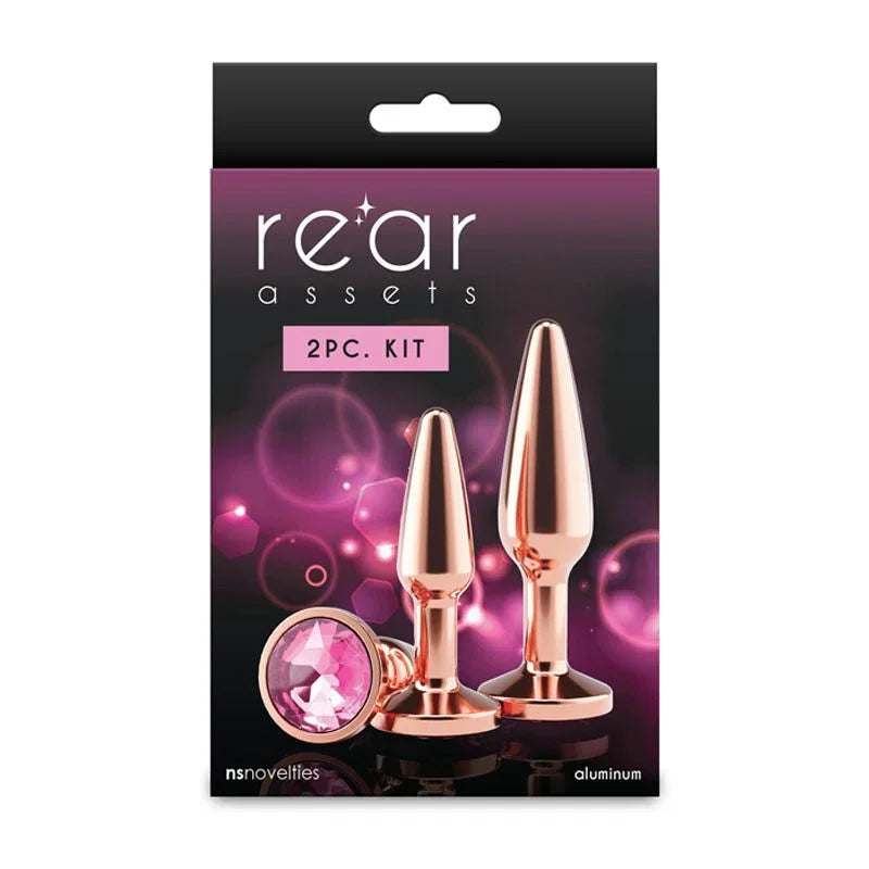 Rear Assets Tapered Trainer Kit 2pc box in pink, plugs and pink gem base pictured