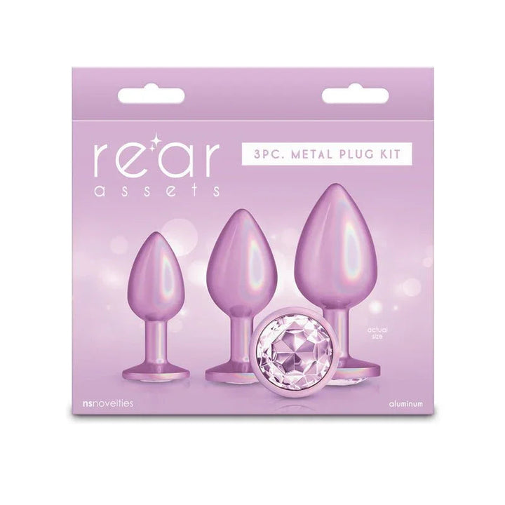 Rear Assets Trainer Kit box in lilac, 3pc kit label and clear gem, Iridescent Pink plugs