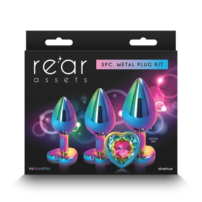 Rear Assets Trainer Kit - Multicolour - Rainbow Heart - Multi Coloured Metallic Butt Plugs with Rainbow Hearts - Set of 3 Sizes – Sex toys NZ by Naughtyhut. Discreet delivery nationwide.