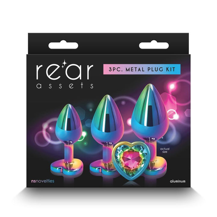 Rear Assets Trainer Kit - Multicolour - Rainbow Heart - Multi Coloured Metallic Butt Plugs with Rainbow Hearts - Set of 3 Sizes – Sex toys NZ by Naughtyhut. Discreet delivery nationwide.