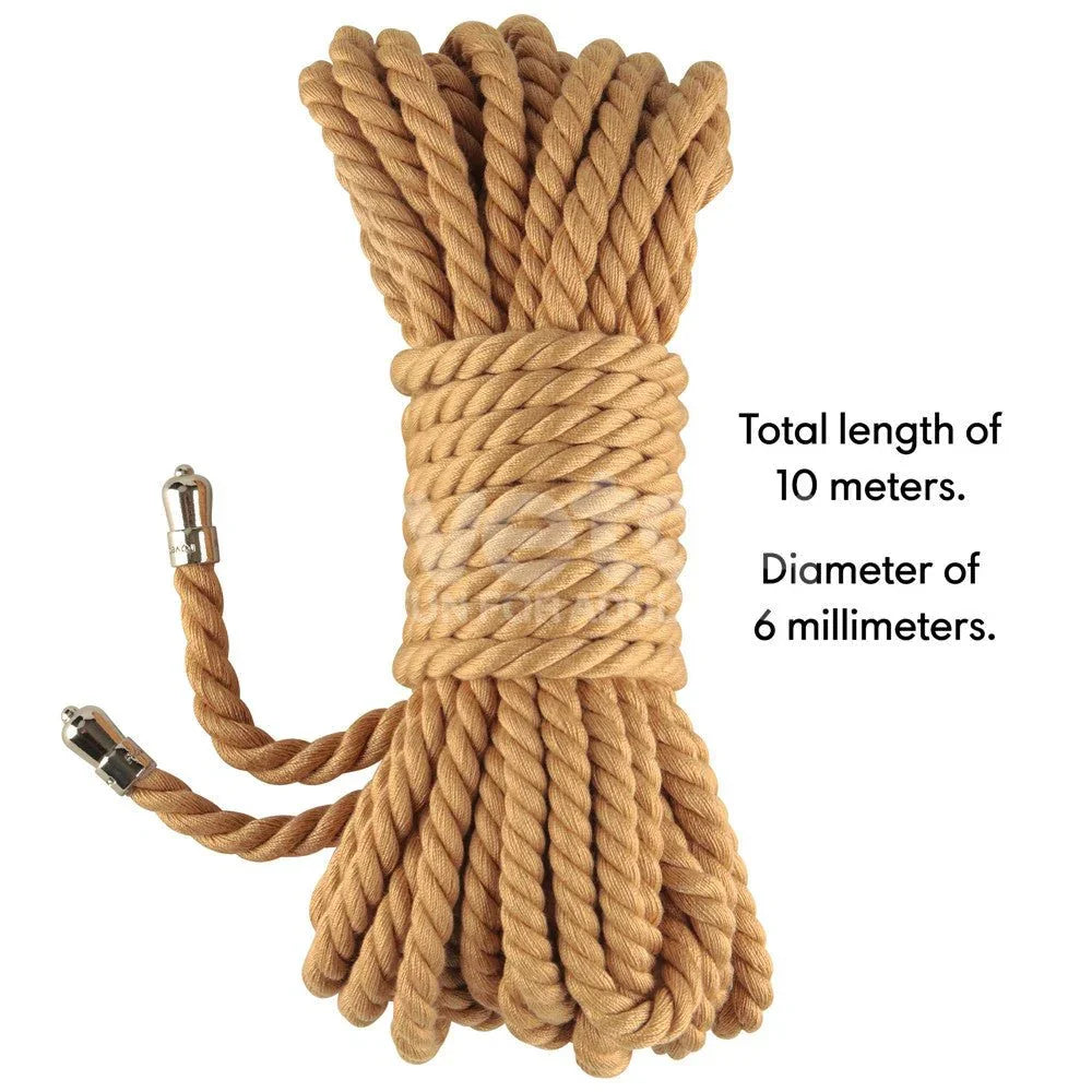 Coiled natural bondage rope labelled 10 metres in length and 6 mm in diameter