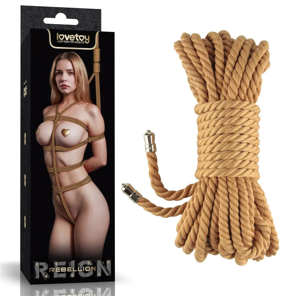 Lovetoy Rebellion Reign bondage rope in Natural jute tone, coiled beside its Reign box