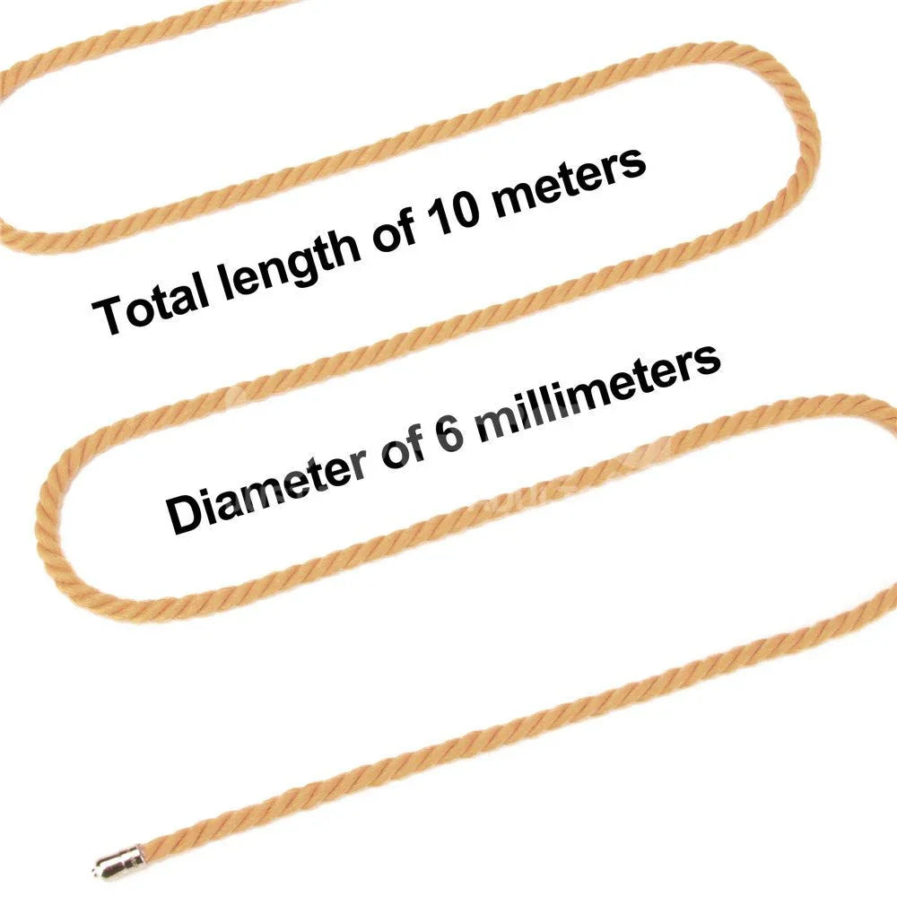 Natural rope laid out in a loop, marked 10 metres long and 6 mm diameter