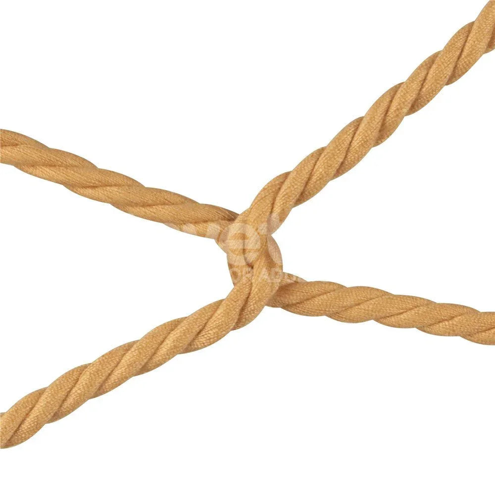 Two lengths of natural rope crossed in an X on a white background