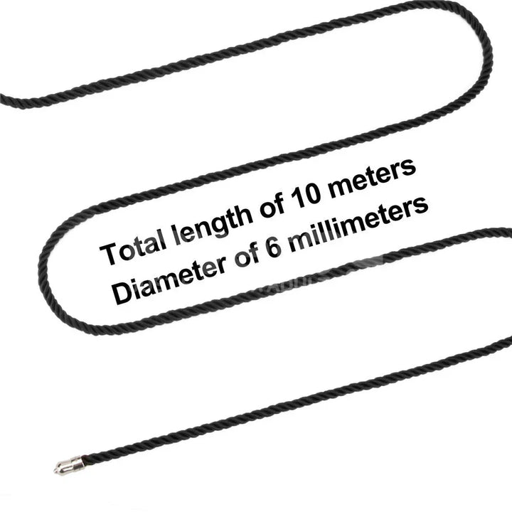 Full 10 metre black rope laid in a loop, labelled 10 metres long and 6 mm diameter