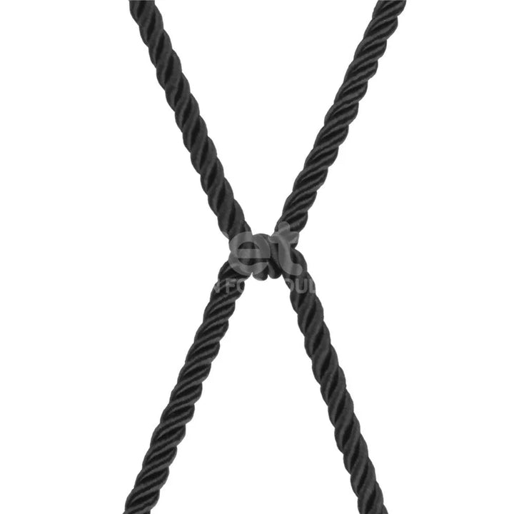 Two lengths of black rope crossed over each other in an X on white