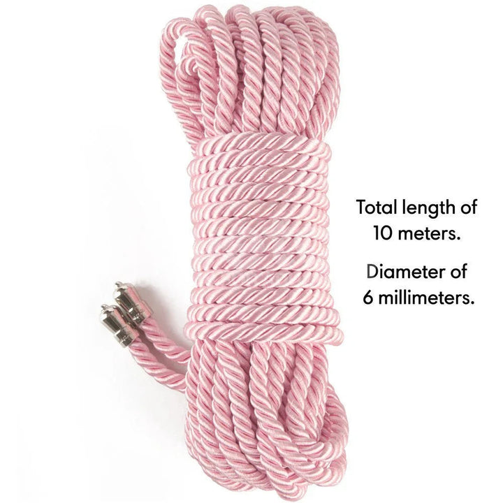 Coiled pink Rebellion Reign rope with text reading 10 metres long, 6 mm diameter